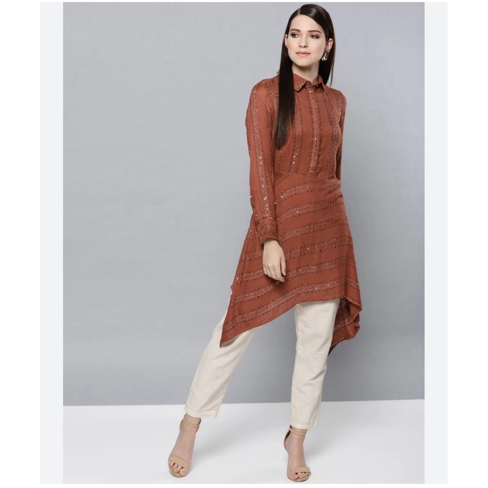 Label Ritu Kumar Tunic Top Women XS Rust Sequin Asymmetrical Handkerchief Hem